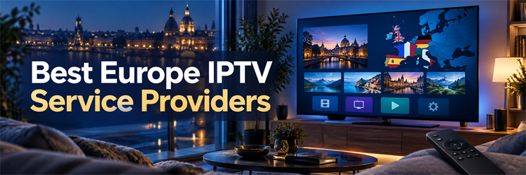 Best Europe IPTV Service Providers shown beside a smart TV and map of Europe
