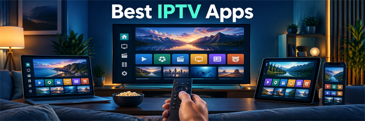 Best IPTV apps displayed across TV, tablet, phone, and computer screens