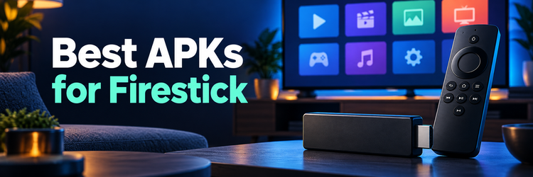Best APKs for Firestick shown beside a streaming stick and remote