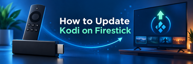 How to Update Kodi on Firestick with an update arrow, streaming stick, remote, and television